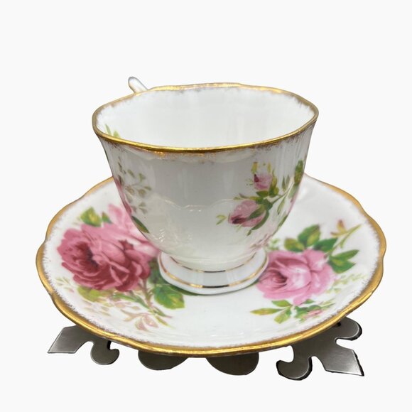 Royal Albert American Beauty Bone China Tea Cup Saucer Pink Green Gilt Floral - Picture 2 of 12